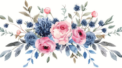 Watercolor floral round bouquet pink roses blue this