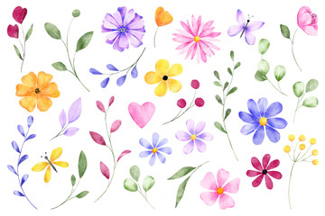 Flowers, leaves and butterflies digital illustration, spring design, watercolor hand painting. Perfectly for printing, sublimation.	