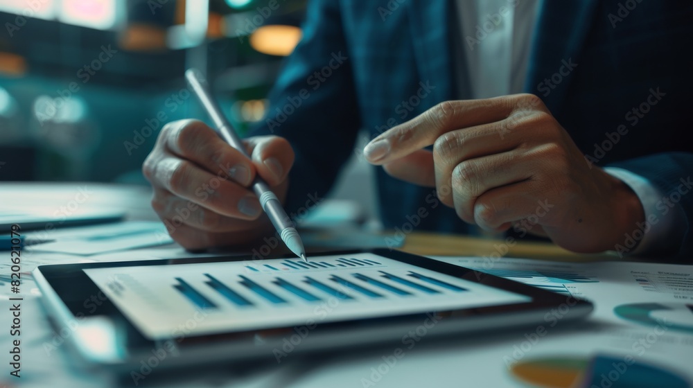 Poster in a contemporary office, a professional uses a stylus on a tablet to focus on technology and data a