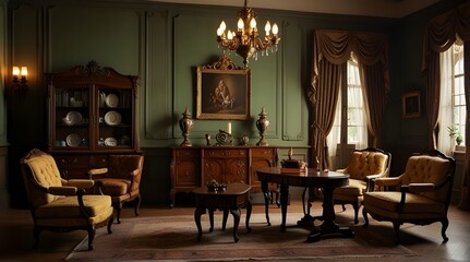 Shabby leather brown sofa and two retro chairs. Art deco style interior design of modern living room.generative.ai 