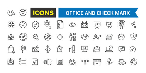 Office and check mark icon set. Outline icons pack. Editable vector icon and illustration.