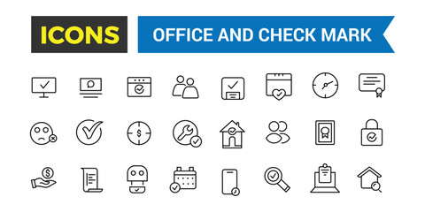 Office and check mark icon set. Outline icons pack. Editable vector icon and illustration.