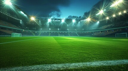 Soccer stadium at night with perfect lawn and floodlights lighting - theme soccer, world cup and sports