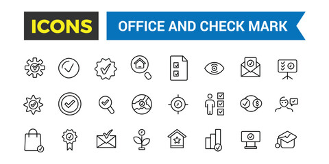 Office and check mark icon set. Outline icons pack. Editable vector icon and illustration.