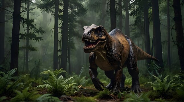 A photorealistic depiction of a massive Tyrannosaurus Rex dinosaur wading through a lush prehistoric forest.generative.ai 