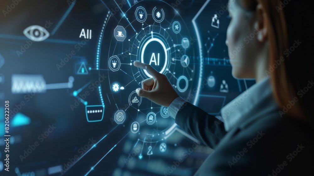 Aufkleber A futuristic technology interface is developed through the integration of AI with holographic displays and professional interactions, propelling us towards a hightech digital future