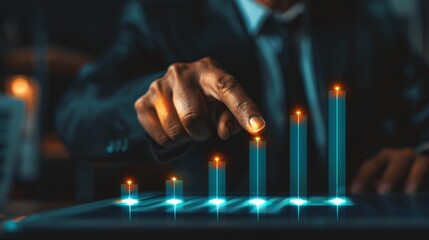 A businessman is analyzing data on a digital interface, observing an increase in bar graphs. This reflects financial growth and the use of technology in business strategy for success