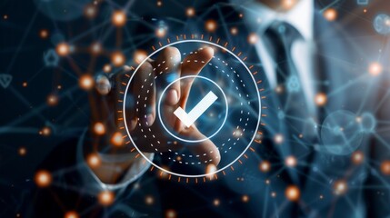 A businessman is interacting with a virtual interface, successfully marking tasks with a checkmark. This concept symbolizes efficient business processes and modern technology advancements