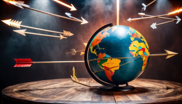 An artistic representation of global tension, featuring a classic world globe targeted by multiple stylized arrows on a dark background.. AI Generation