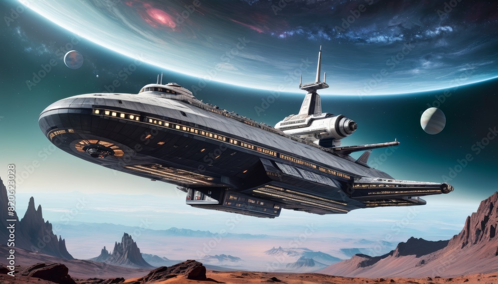 Poster a detailed image of a spaceship flying low over a mars-like landscape with a cosmic backdrop, perfec