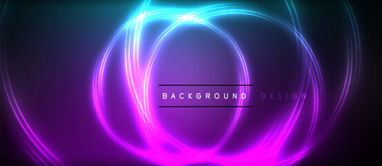 Neon glowing circle rays, light round lines in the dark, planet style neon wave lines. Energetic electric concept design for wallpaper, banner, background