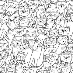 Cute doodle cats black and white seamless pattern for kids. Funny feline characters coloring page. Outline background. Vector illustration
