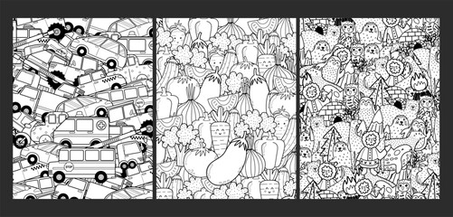 Doodle coloring pages bundle. Adorable templates set for coloring book in US Letter format with vegetables, transport and north characters. Vector illustration