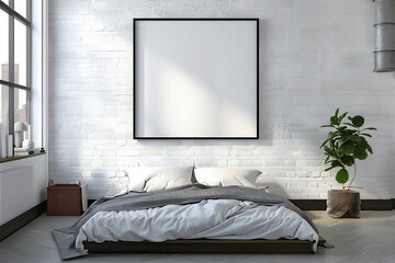 Mock up poster frame on the wall in bedroom interior, minimalist modern interior with 3d illustration.
