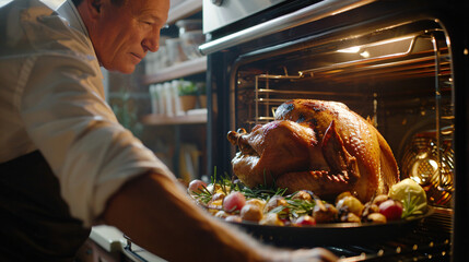 A man is taking a cooked turkey out of the oven.  