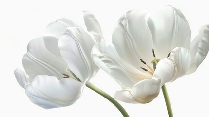 Very close-up view of white tulips with detailed like flower stalk, pistil, pollen texture, isolated white background...