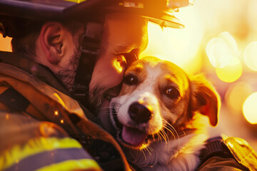 Firefighter Rescuing a Happy Dog During an Emergency Scene with Bright Lights
