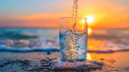 The image depicts a clear glass on sand being filled with water against a background of a sunset over the ocean.

