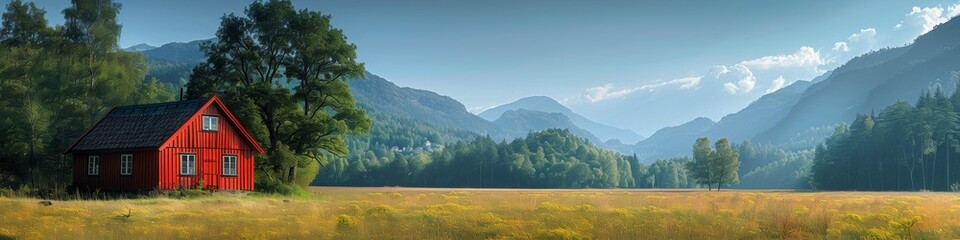 Obraz premium A quaint red cabin sits peacefully in a picturesque valley, surrounded by lush green forests and magnificent mountain ranges.