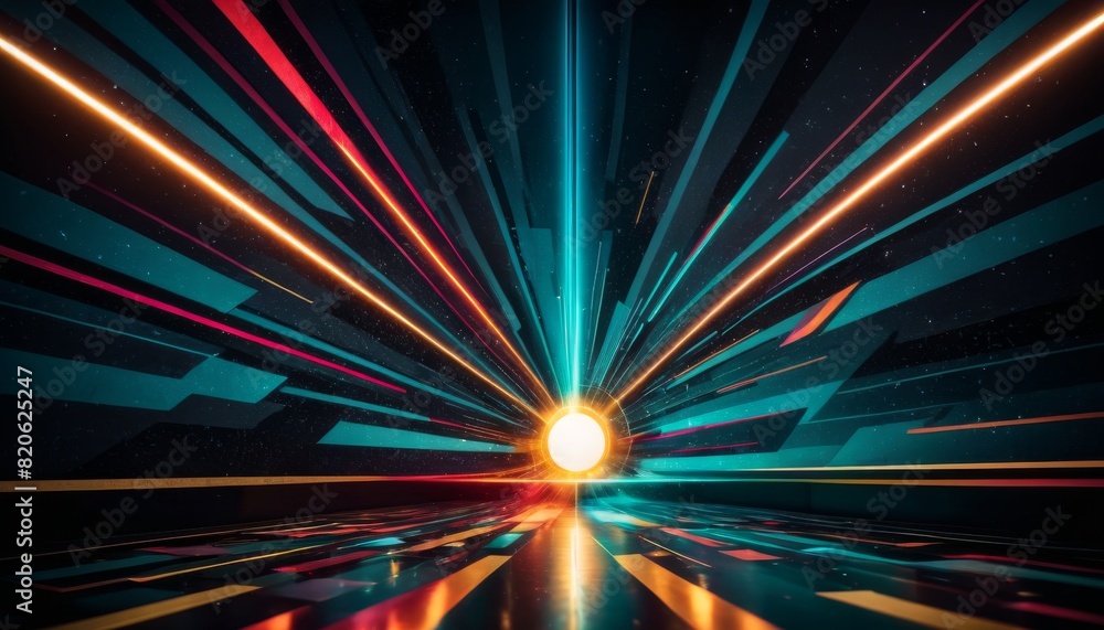 Poster a digital art representation of a futuristic tunnel with vibrant neon light trails converging toward