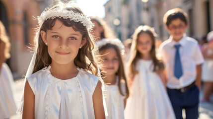 Children celebrating their First Communion in a church, dressed in white, praying, and smiling.