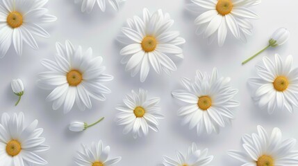 white daisies on a white background top view