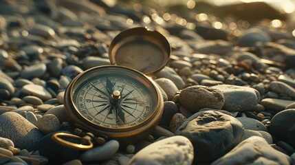 A compass rests on a stack of rocks amid natural materials like soil and wood. The electric blue water surrounds the landscape, home to marine biology like molluscs in the circle of life AIG50