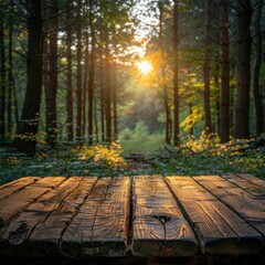 Wooden table surface with spooky bokeh forest background for cinematic product display. Sunlight shines on the trees in the green forest. Forest nature background, space.