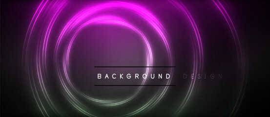 Neon glowing circle rays, light round lines in the dark, planet style neon wave lines. Energetic electric concept design for wallpaper, banner, background
