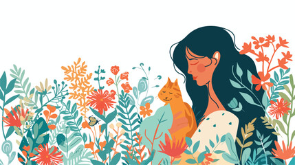 Woman cat in flowers plants. Harmony peace unity 