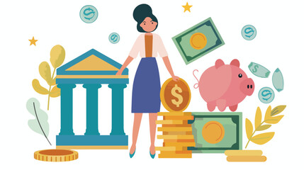 Woman choosing between bank and piggybank flat vector