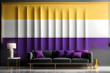 Room in non binary colors, yellow white purple black wall, design