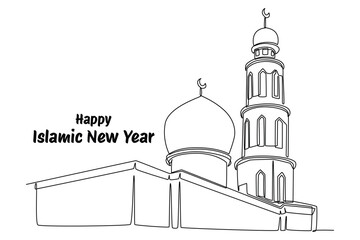 Happy Islamic new Year concept. Single line draw design vector graphic illustration.