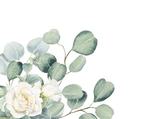 Watercolor silver dollar eucalyptus branches an white roses, greenery frame for invitations © Link Parker