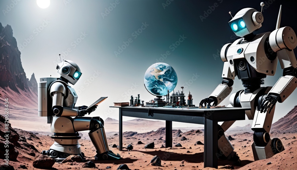 Poster Two robots engage in a strategic game of chess on the Martian surface, with Earth visible in the sky.. AI Generation