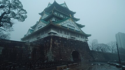 Obraz premium A rainy day at Osaka Castle, the fortress towering amidst a grey sky