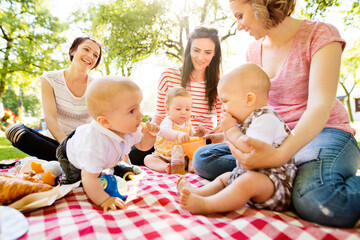 Mothers and babies enjoying group picnic outdoor in park, sitting on picnic blanket and preparing...