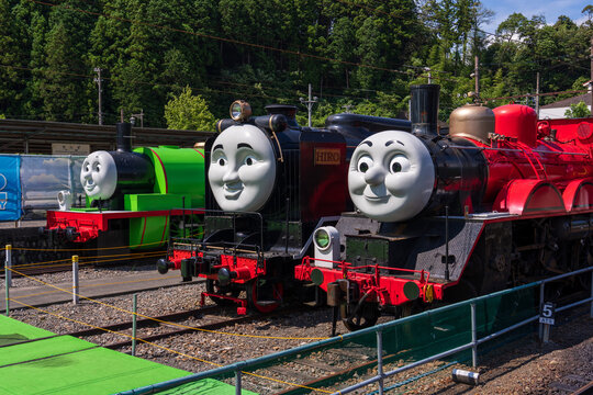 Shizuoka, Japan - April 10 2022: James the Red Engine and Hiro from "Thomas & Friends" steam locomotives parked at Senzu Oigawa railway station in Shizuoka Prefecture, Japan.