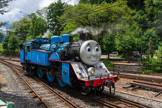 Shizuoka, Japan - April 10 2022: Thomas the Tank Engine steam locomotive at Oigawa railway station in Shizuoka Prefecture, Japan.