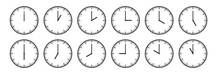 Clocks hands icon. Time sign for every hour. Stopwatch, clock faces set. Evening, morning and noon time. Simple hour icons. Vector illustration isolated on white background.
