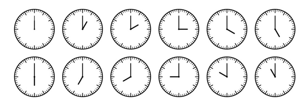 Clocks hands icon. Time sign for every hour. Stopwatch, clock faces set. Evening, morning and noon time. Simple hour icons. Vector illustration isolated on white background.