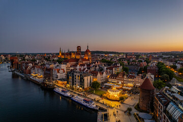 Obraz premium Aerial summer evening view of Gdansk old town, Poland