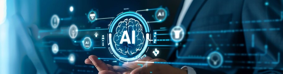 A businessman leverages cuttingedge AIdriven digital technology within the corporate sphere, demonstrating progress and creativity in business practices through technological means