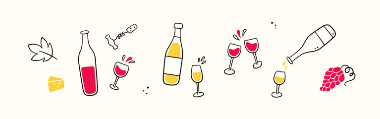 Wine bottles and glasses set. Pour wine into glass from bottle. Hand drawn line elements. Cheese, red grapes and corkscrew. Champagne splashes. Vector illustration in doodle style on light background.
