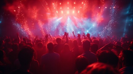 Crowd celebrates at a lively music concert with vibrant lights in the evening.