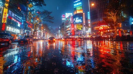 Obraz premium Rain-soaked streets of Tokyo's Shibuya Crossing, vibrant neon lights reflecting on wet pavement