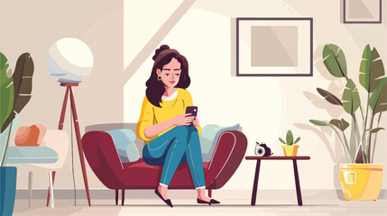 Pretty young woman with mobile phone at home Vector illustration