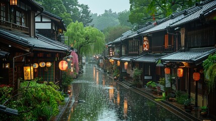 Rain falling gently on the historic streets of Kurashiki, reflections of willow trees in the canal