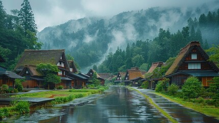 Obraz premium The historic village of Shirakawa-go, traditional thatched-roof houses under a gentle rain