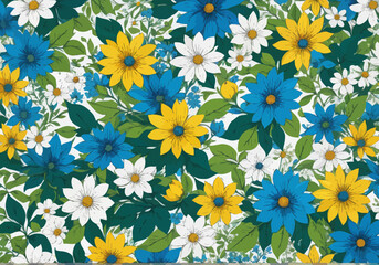 a flowery background with blue, yellow and white flowers